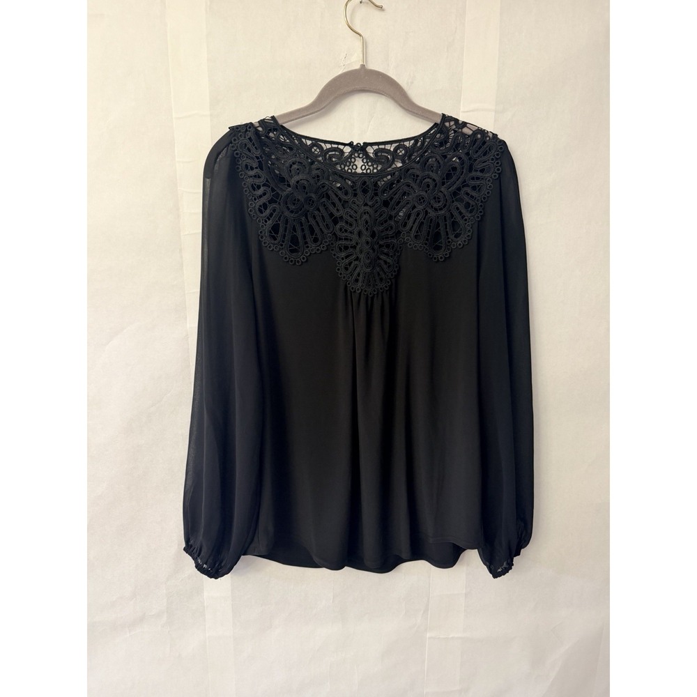 White House Black Market Black Embroidered Yoke Blouse Size Medium